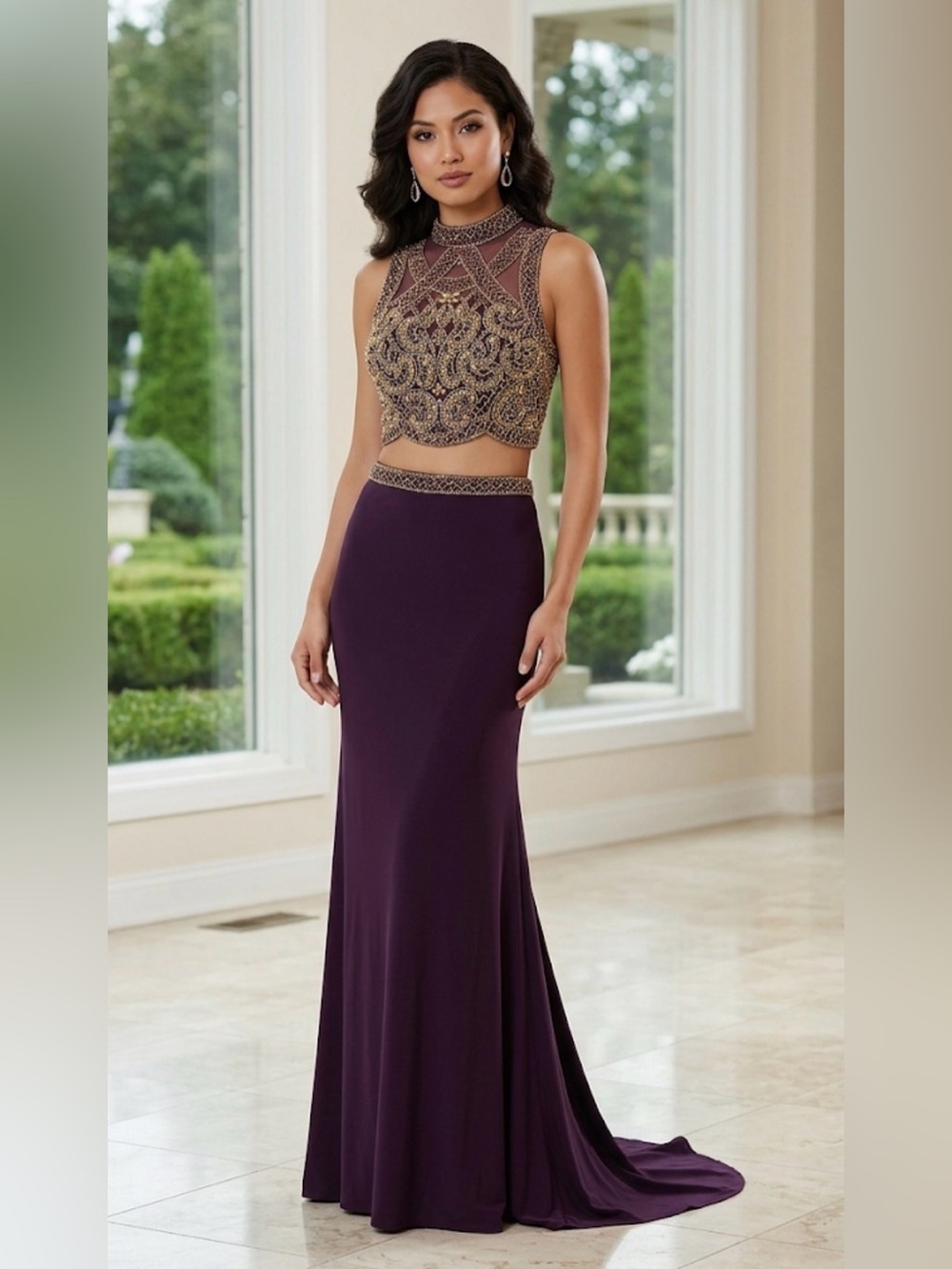 NWT Alyce Paris 2-Pc Beaded Prom Dress Eggplant Gold Style #6554- Size 4 $650